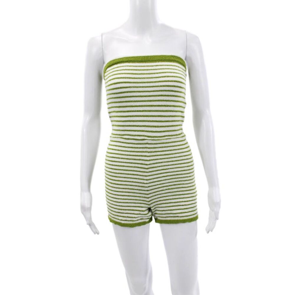 De Rococo Women Green Striped Sleeveless Romper Square Neck Polyester Size M
